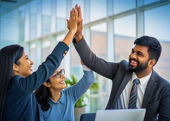 Business professionals celebrating a successful outcome in an office, symbolizing strong teamwork and long‑term value delivered through SAP support