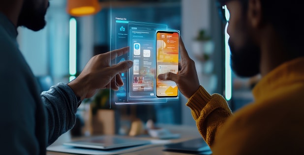 Photograph showing two people interacting with a smartphone and a transparent digital interface displaying app screens and data