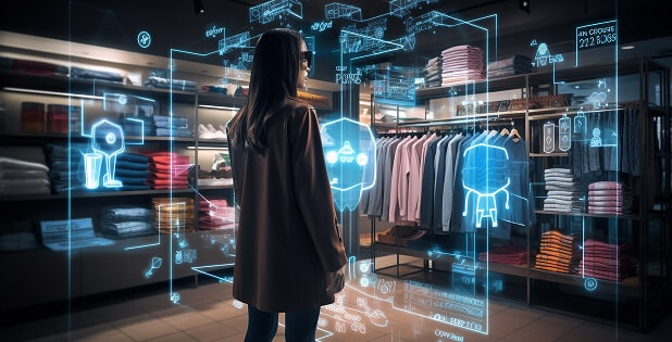 Lady interacting with a smart virtual fashion display, trying clothes and changing colors, representing AI/ML-driven personalization and analytics in SAP S/4HANA Fashion.