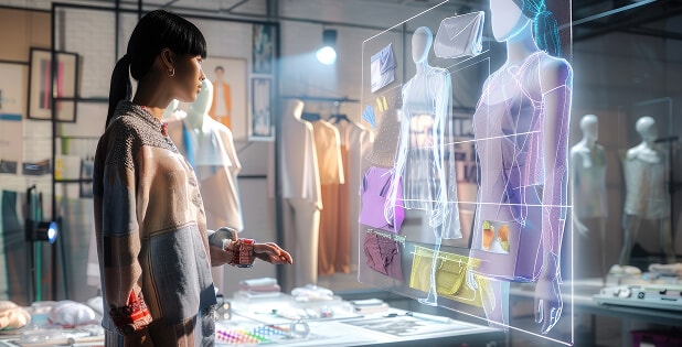 Lady viewing a transparent display of dresses on different models, representing hyper-personalization across fashion retail channels using SAP S/4HANA Fashion