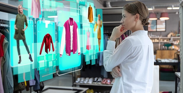 Lady viewing a virtual clothing display in a fashion store, representing faster design-to-market and efficient inventory management with SAP S/4HANA Fashion