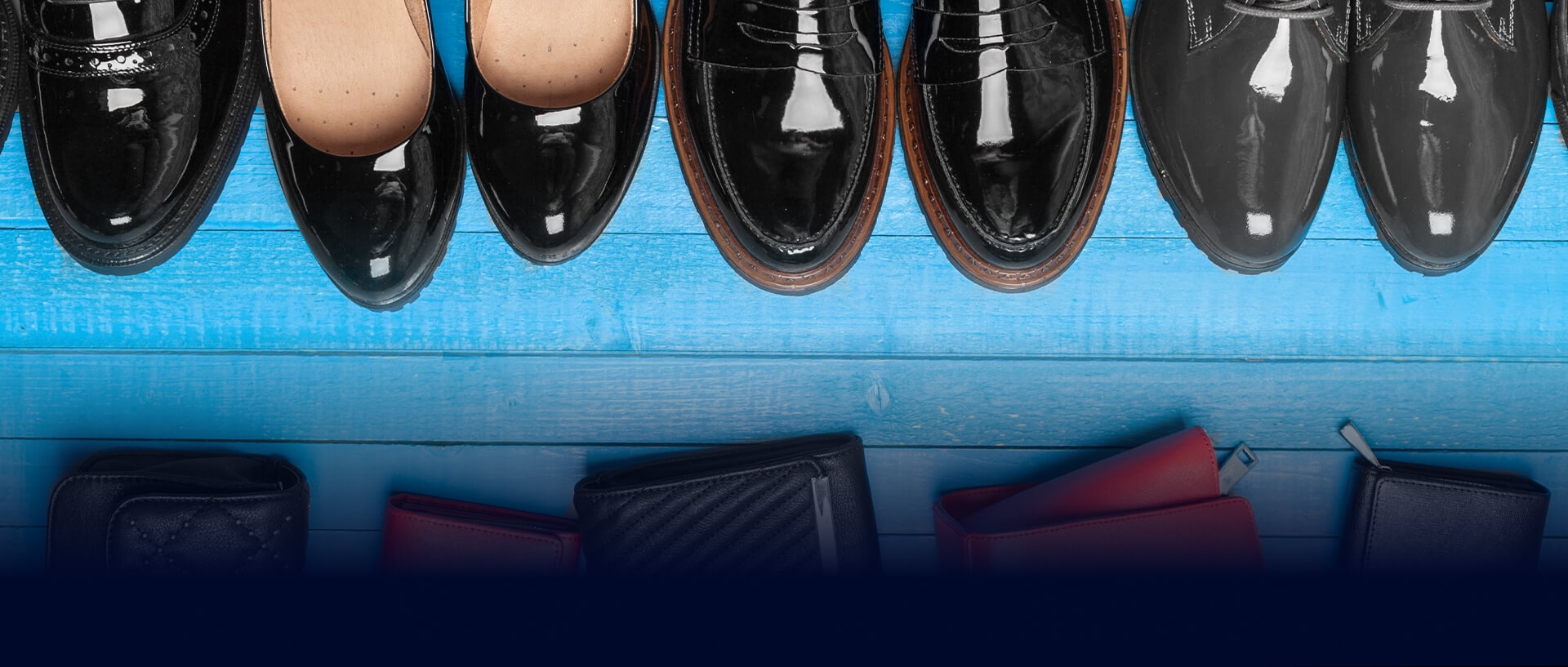 Assorted footwear displayed on a blue background for a fashion brand
