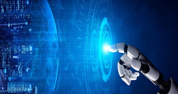 Robotic hand interacting with a futuristic digital interface representing AI-driven planning and collaboration