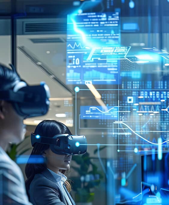 Business professionals using VR and digital visualization tools to analyze data, representing advanced SAP Analytics Cloud and AI-driven insights.
