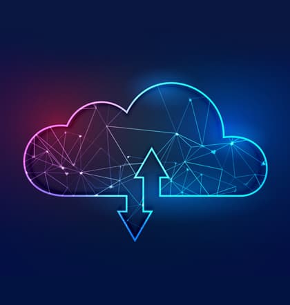Neon-style digital illustration of a cloud with interconnected nodes and lines, symbolizing cloud computing and data networking