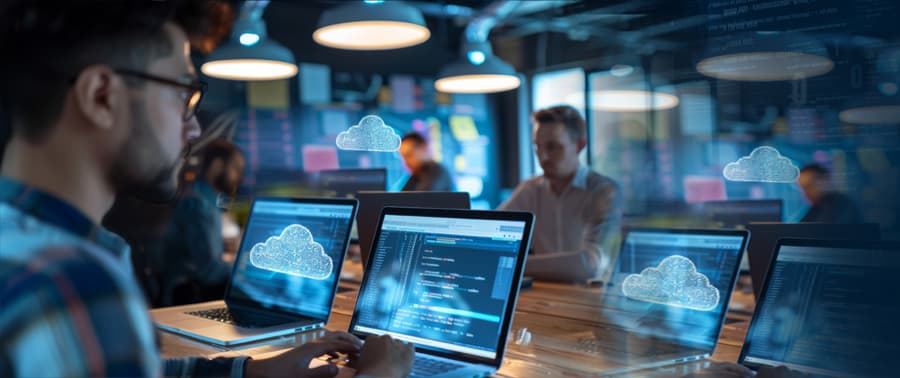 Team working on laptops in a modern office with digital cloud icons overlayed, symbolizing collaboration, cloud analytics, and predictive insights in SAP Analytics Cloud.