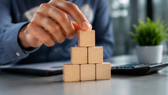 Business professional reducing operational costs using centralized HR IT support, shown with cost reduction blocks and financial planning tools